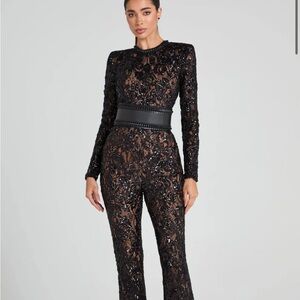 Nadine Merabi Elegant Black Jumpsuit with Lace Overlay and Long Sleeves